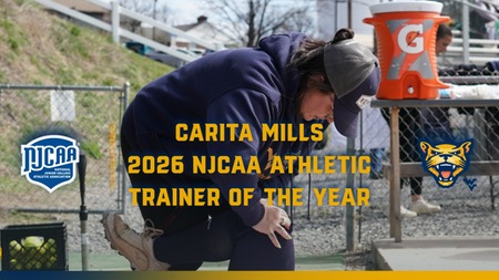 athletic trainer works on an athlete. Text: Carita Mills, 2026 N J C A A Athletic Trainer of the Year